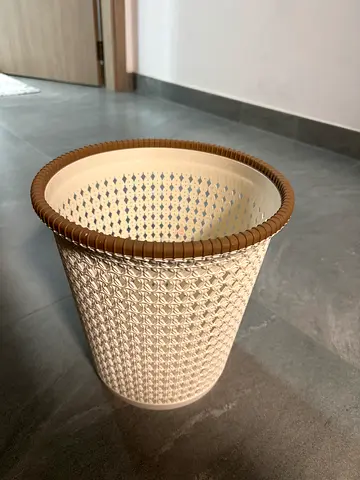 Woven Plastic Trash Bin / Wastebasket - Beige, Good Condition