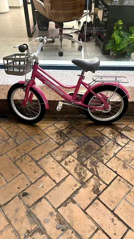 Kids pink 16-inch bicycle with basket and rear rack - good condition