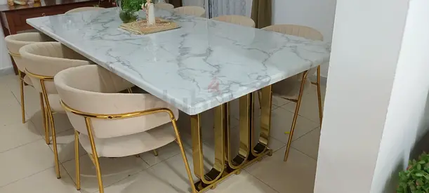 Marble-top dining table with gold metal base (seats 8)