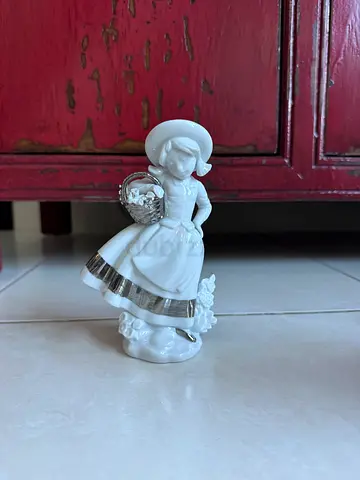 White Porcelain Girl Figurine Holding Basket - Vintage Decorative Statue