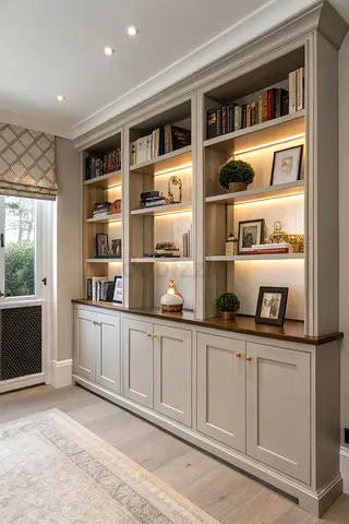 Custom built-in wooden bookcase with cabinets and LED shelves
