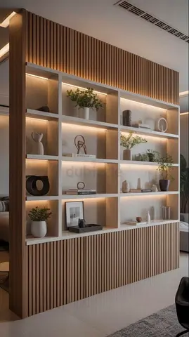 Custom built-in wooden display shelving unit with LED backlighting