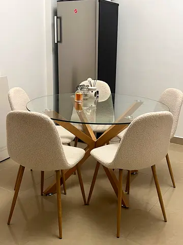 Round Glass Dining Table with 5 Bouclé Chairs(ExcellentCondition) (Price negotiable for serious buy)