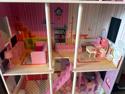 Large Wooden Dollhouse with Furniture - Pink Multi-room Playset
