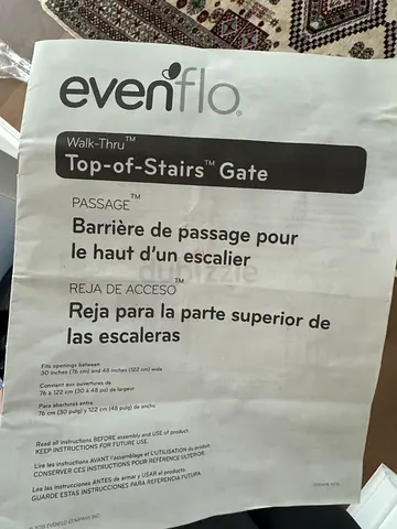 Evenflo Walk-Thru Top-of-Stairs Safety Gate with Instructions