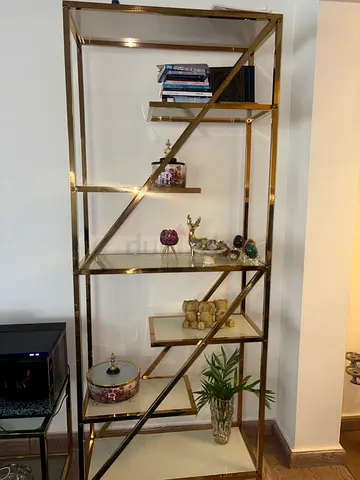 Gold Metal Display Shelf / Bookcase - Glass Shelves, Modern