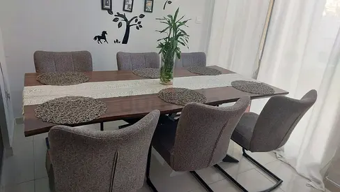 Modern 6-Seater Dining Table with Upholstered Chairs - Walnut Finish