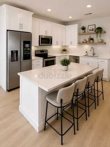 Kitchen island with modern white quartz top