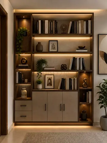 Modern built-in wooden bookcase with LED lighting
