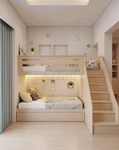 Modern Wooden Bunk Bed with Stairs and Storage - Light Beige