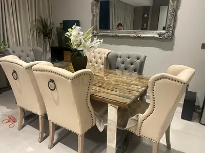 Large 6-Seater Rustic Wood Dining Table with Glass Top + Chairs