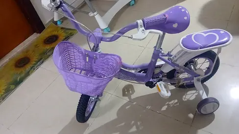 Purple Kids Bicycle with Training Wheels and Front Basket