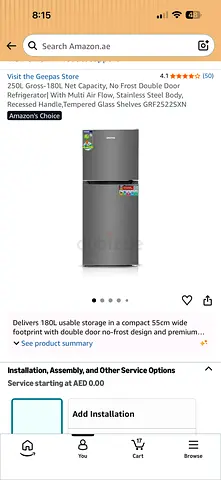 Used 250L Geepas Double Door Refrigerator - Good Working Condition