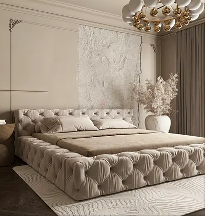 Low tufted platform bed frame with upholstered headboard - beige, king size