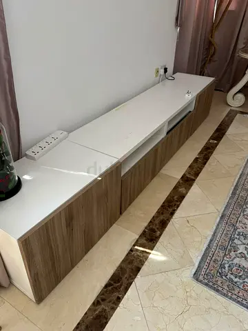 Low modern TV cabinet / entertainment unit in white and wood finish