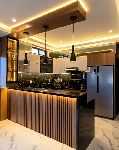 Modern kitchen island with pendant lights and built-in cabinets