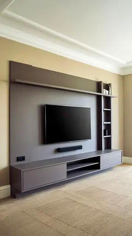 Modern wall-mounted entertainment unit with shelves and storage