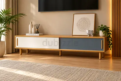 Modern TV Entertainment Unit - Two Sliding Doors, Wood Finish