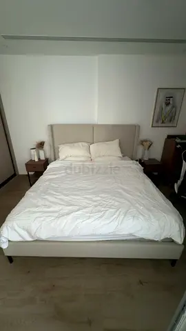 Queen size upholstered bed frame with headboard - beige 180x200 with top up matress