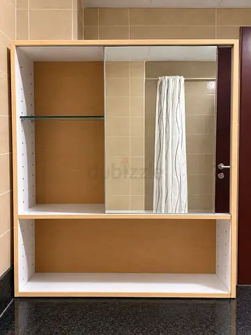 Wall-mounted bathroom mirror cabinet with open shelves (wood finish)