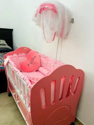 Pink Wooden Baby bed with Canopy and Bedding - Good Condition