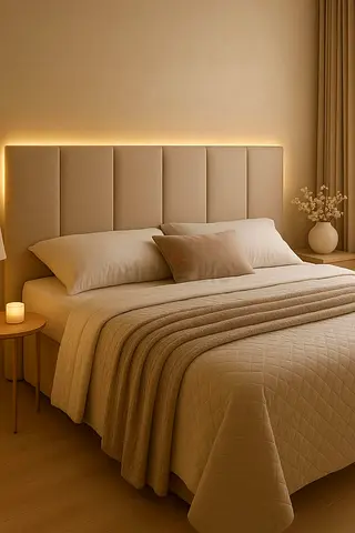 Modern upholstered king-size bed with padded headboard