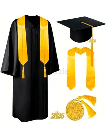 Black Graduation Gown Set with Gold Stole, Cap and Tassel (Size 54)