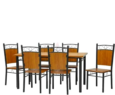 6-Seater Wooden Dining Table with Metal Frame & Chairs (Excellent Condition)