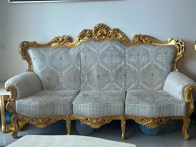 Ornate Gold-Frame 3-Seater Sofa with Light Fabric Upholstery
