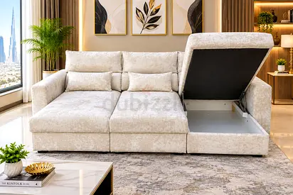 Premium Cream L-Shape Sofa Bed with Storage