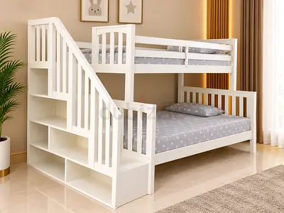 White Wooden Bunk Bed with Stairs and Storage
