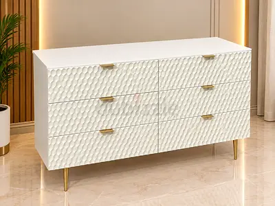 Modern White Textured 6-Drawer Dresser with Gold Accents