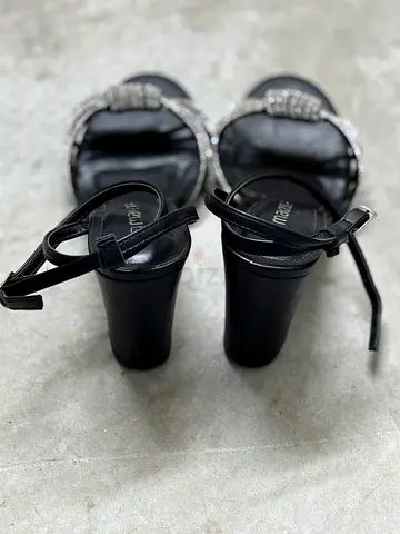 Black heeled sandals with crystal embellishment, size 36