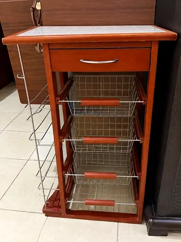 Wooden Kitchen Cart with Tile Top and 4 Wire Baskets