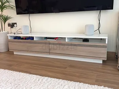 Tv console , storage drawers - white and wood finish