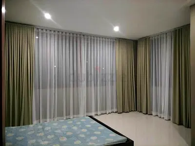 Full-length Beige Fabric Curtains with Sheer White Voile - Set for Corner Room