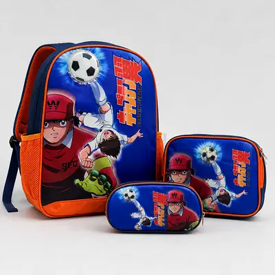 Kids Soccer Print Backpack Set with Pencil Case and Lunch Bag - Blue/Orange