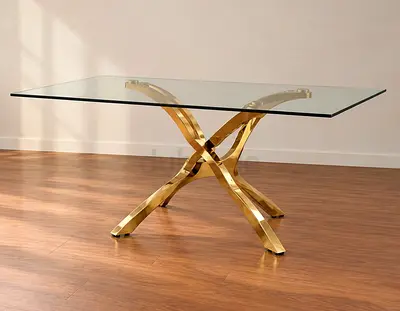 Glass Top Dining Table with Gold Curved Metal Base
