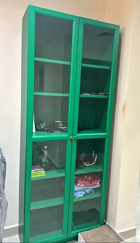 Green Tall Glass Display Cabinet / Storage Cupboard - Good Condition