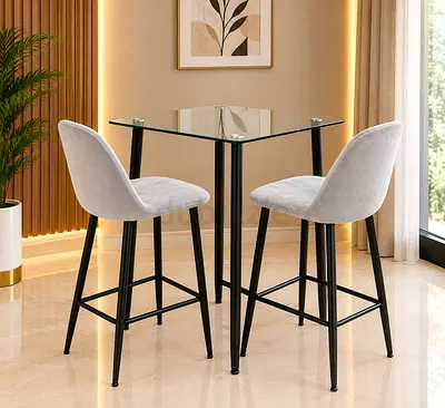 Glass Top Bar Table with 2 Upholstered Bar Stools - Modern Set