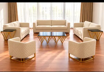 Modern Beige Sofa Set with Gold Accent Coffee & Side Tables