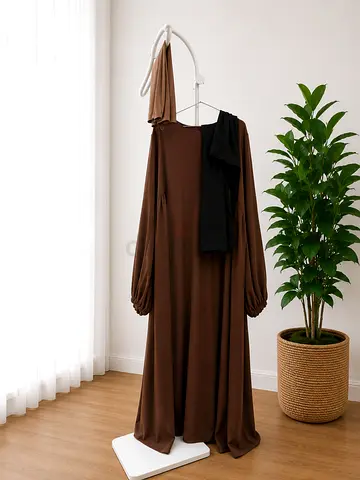 Brown Modest Maxi Dress with Matching Hijab and Inner Scarf - Size xl