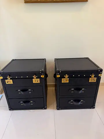 x2 MARINA HOME Black Leather Brass Trunk Sidetables bedside table W55 D50 H62 cm