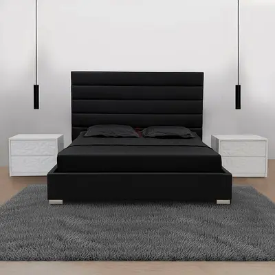 Modern Black Upholstered Bed Frame with High Headboard