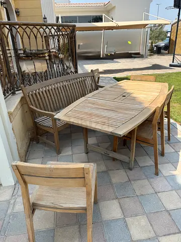 Solid teak wood outdoor garden set extendable dining table x5 chairs and a bench