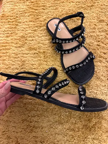 Black flat sandals with crystal straps, size 39 (used)