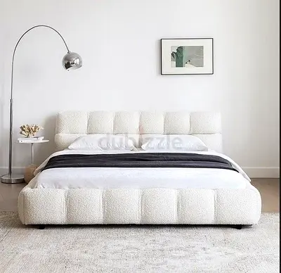 Modern low-profile upholstered bed frame in off-white (queen/king size)