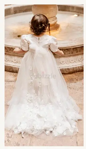 White baby dress + Jacket, lace hat, lace shoes + Acrylic box with candles towels brushes & Cartier