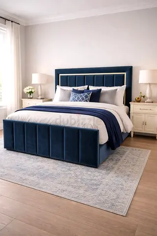 Blue Velvet Upholstered Bed Frame with Headboard and Footboard - Queen/King (choose size)