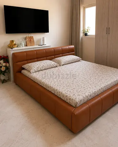 Modern Tan Leather Platform Bed with Headboard - King Size